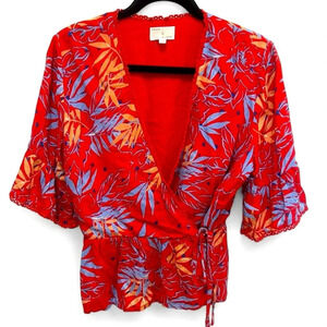 LOST + WANDER tie wrap blouse with ruffle sleeves and peplum size large